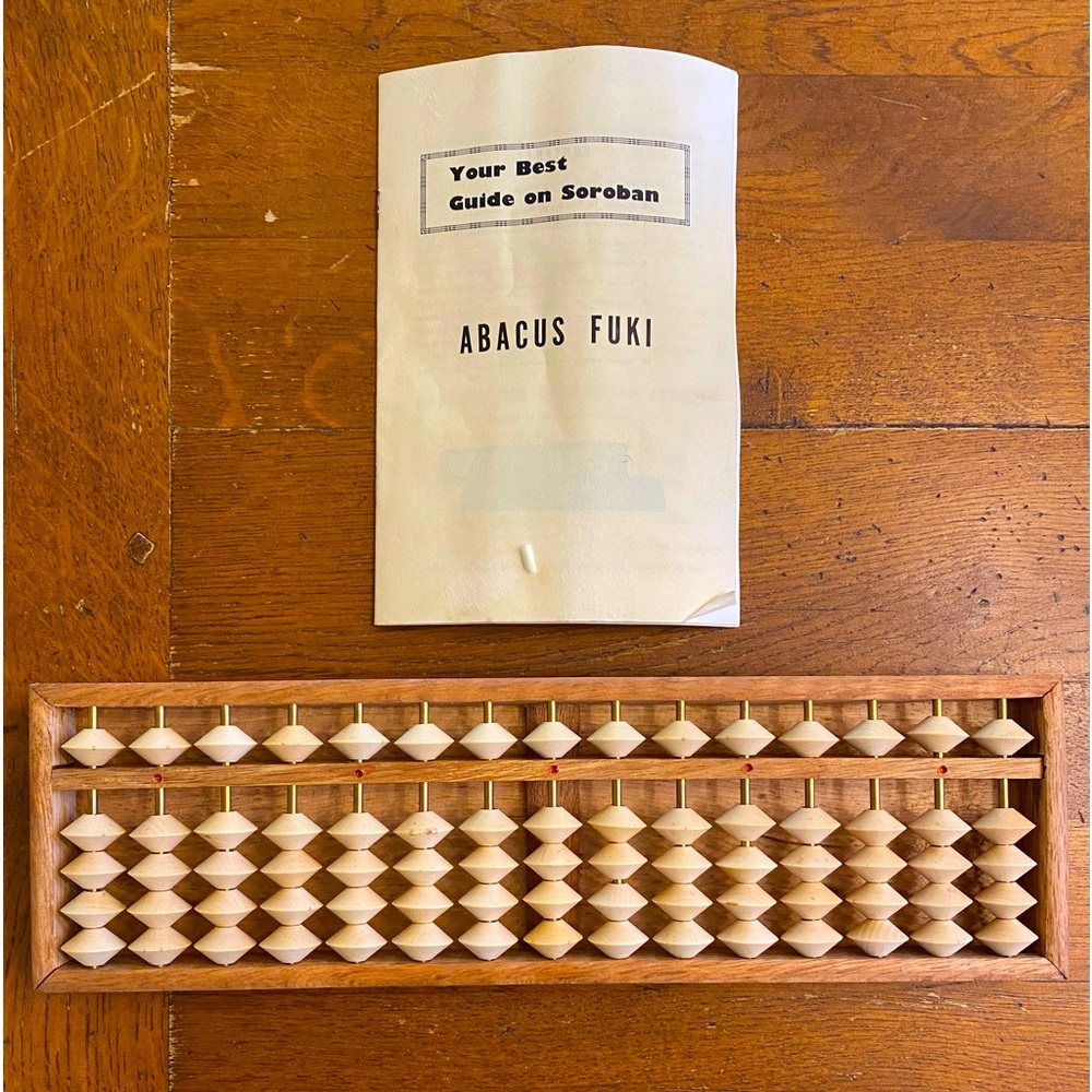 Japanese Wooden Abacus By Fuki Soroban Co. & Instructions 15 Columns 5 Rows VTG